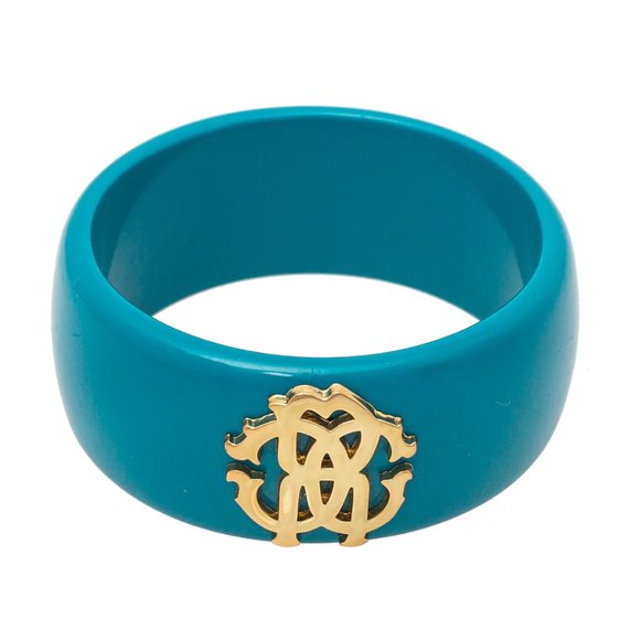 NEW Rare Luxe Authentic ROBERTO CAVALLI Teal Blue Gold Logo Wide Bangle Bracelet - Picture 2 of 6